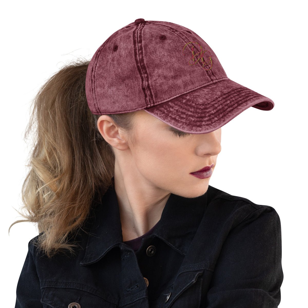 Vintage Embroidered Cotton Cap, in Maroon, right-front view