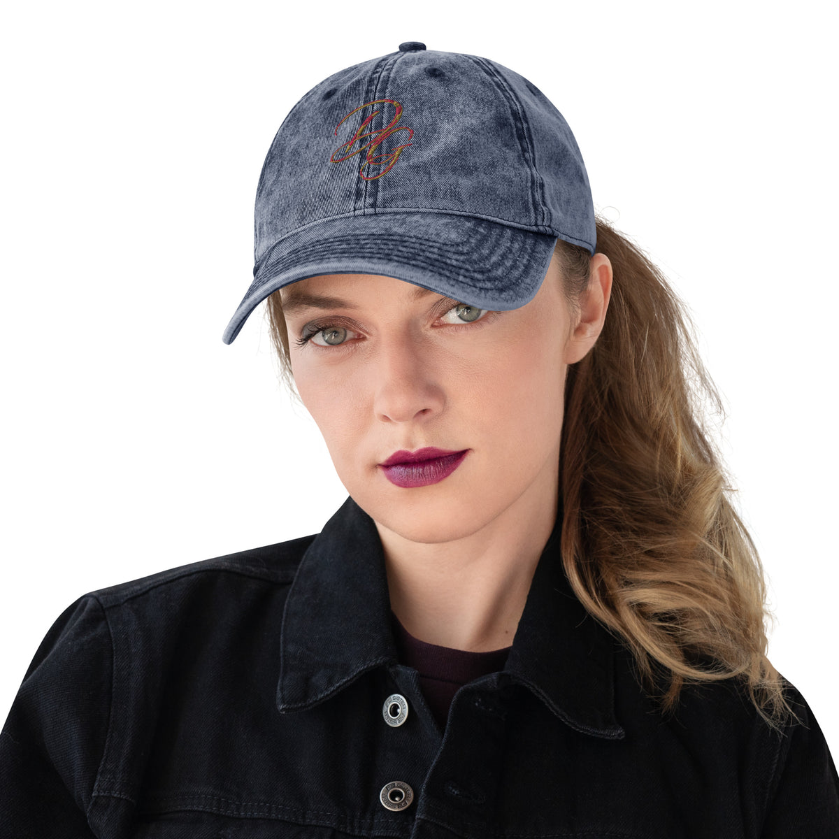 Vintage Embroidered Cotton Cap, in Navy, front view